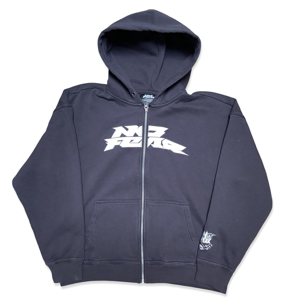 No Fear Y2K Skate Hoodie Size L Gray Full Zip Big Logo Sleeve Hit Boxy Fit